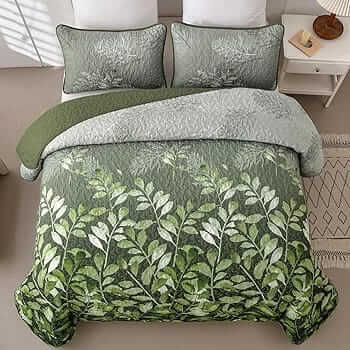 Green Leaf Floral Quilted Bedspread Coverlet Sets (3Pcs)