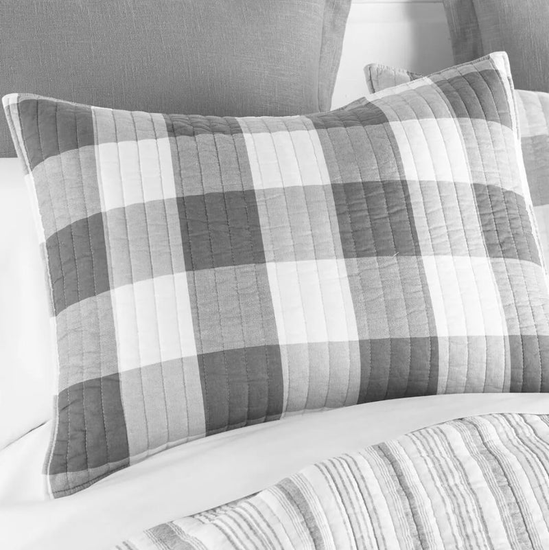 Grey Plaid 100% Cotton Bedspread Set-260 GSM Reversible Coverlet Set