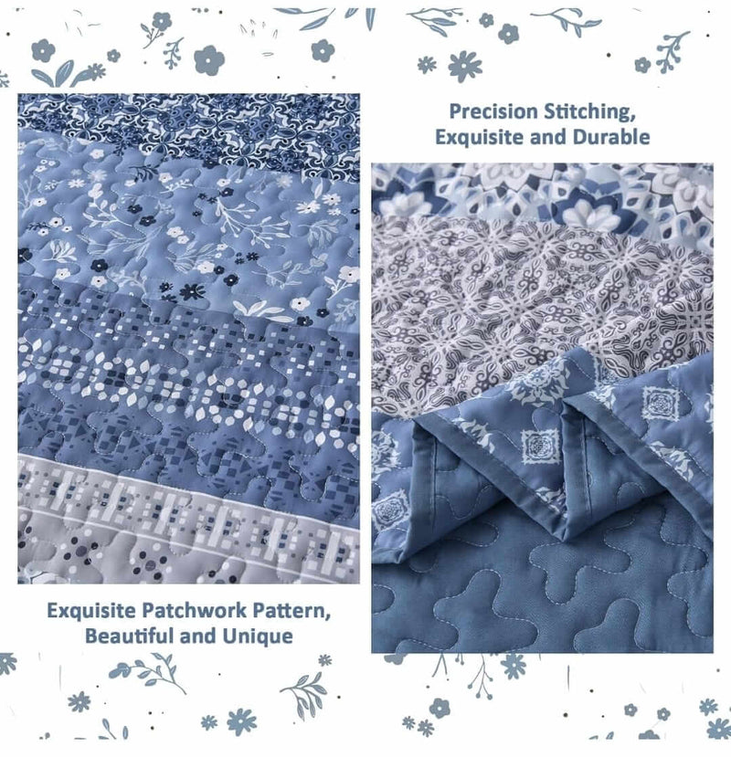 Blue Moroccan Geometric Quilted Bedspread Coverlet Set (3Pcs)