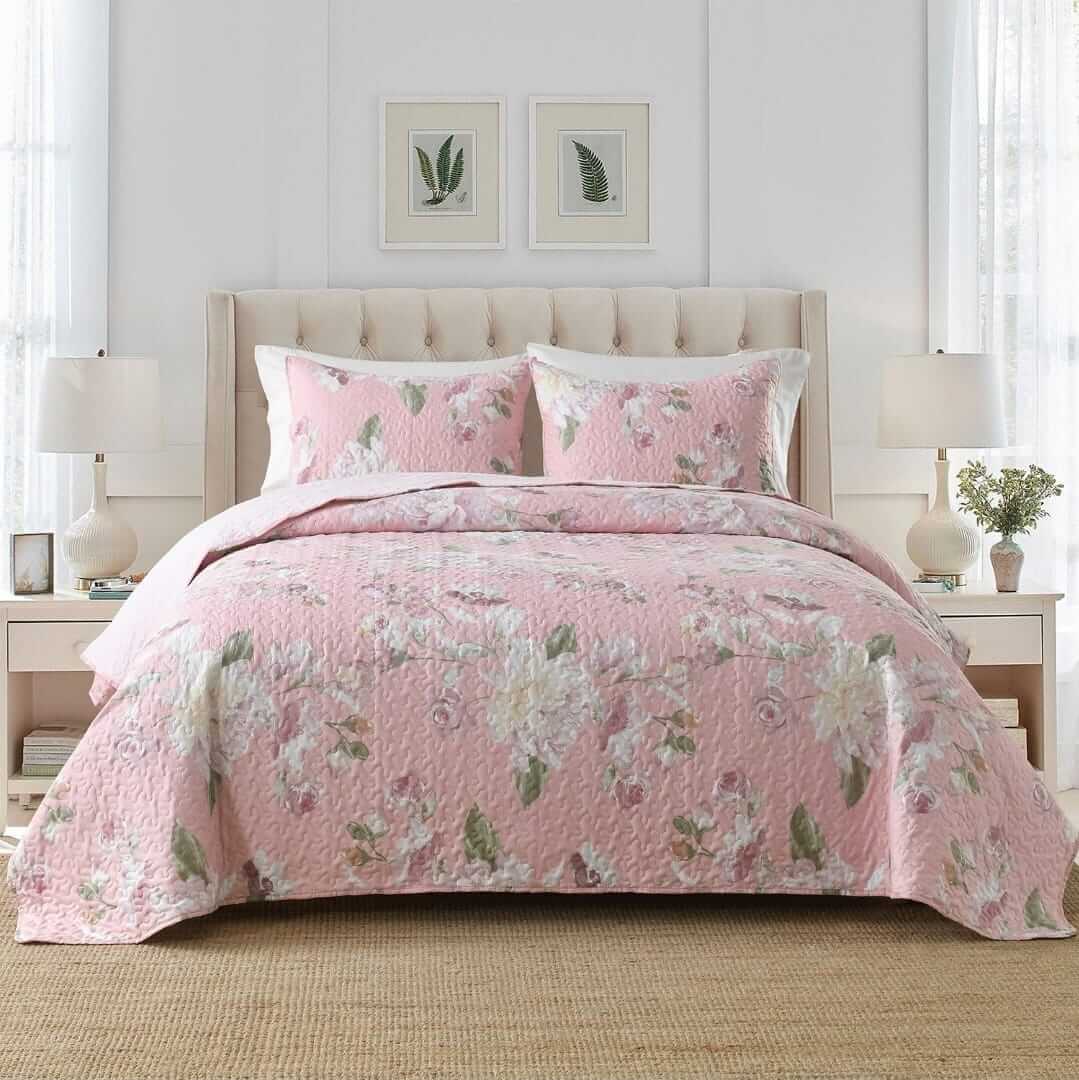 2026 Pink Flower Coverlet Set-Quilted Bedspread Sets (3Pcs)