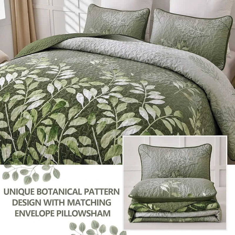 Green Leaf Floral Quilted Bedspread Coverlet Sets (3Pcs)