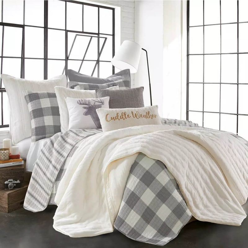 Grey Plaid 100% Cotton Bedspread Set-260 GSM Reversible Coverlet Set