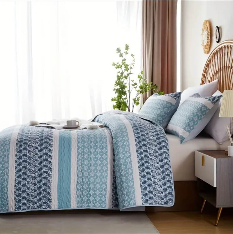 Sky Blue Geometric Coverlet Set-Quilted Bedspread Sets (3Pcs)