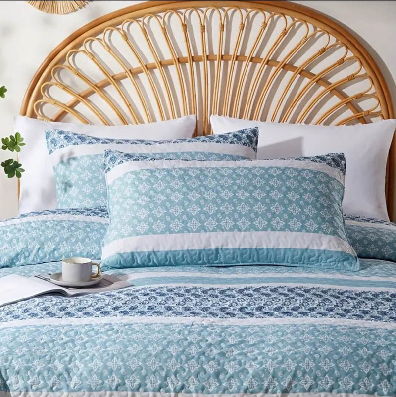 Sky Blue Geometric Coverlet Set-Quilted Bedspread Sets (3Pcs)