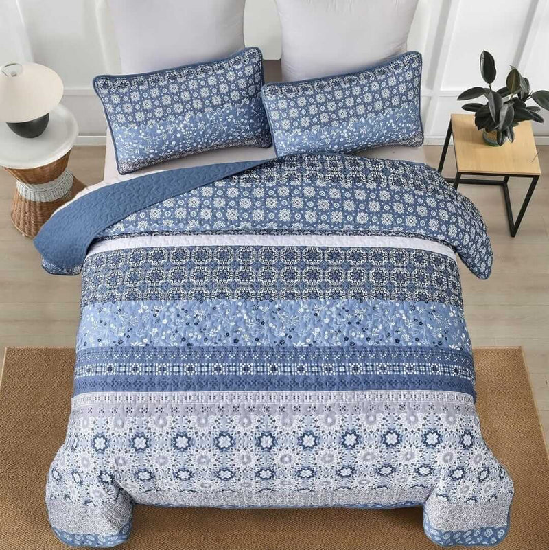 Blue Moroccan Geometric Quilted Bedspread Coverlet Set (3Pcs)