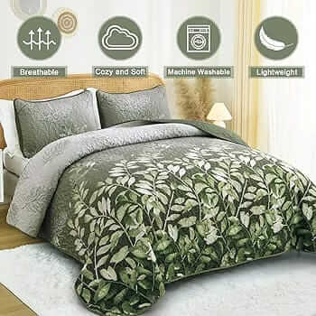 Green Leaf Floral Quilted Bedspread Coverlet Sets (3Pcs)