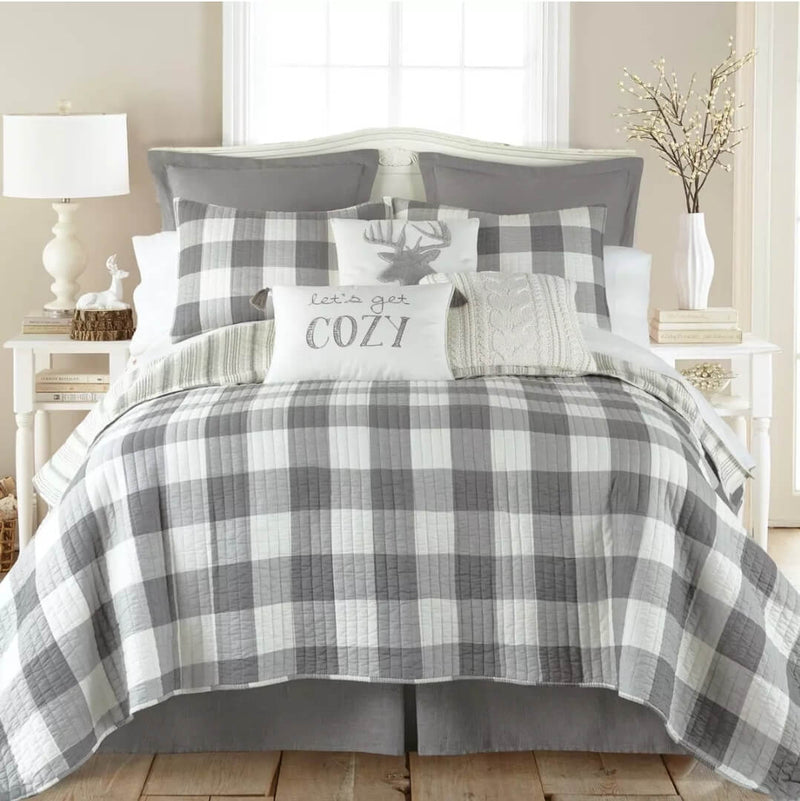 Grey Plaid 100% Cotton Bedspread Set-260 GSM Reversible Coverlet Set