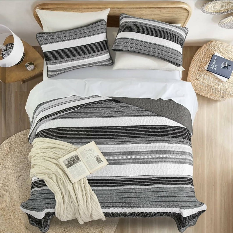 2025 Striped Grey Coverlet Set-Quilted Bedspread Sets (3Pcs)