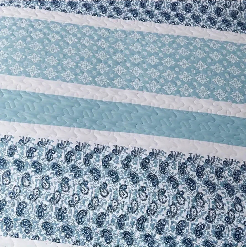 Sky Blue Geometric Coverlet Set-Quilted Bedspread Sets (3Pcs)
