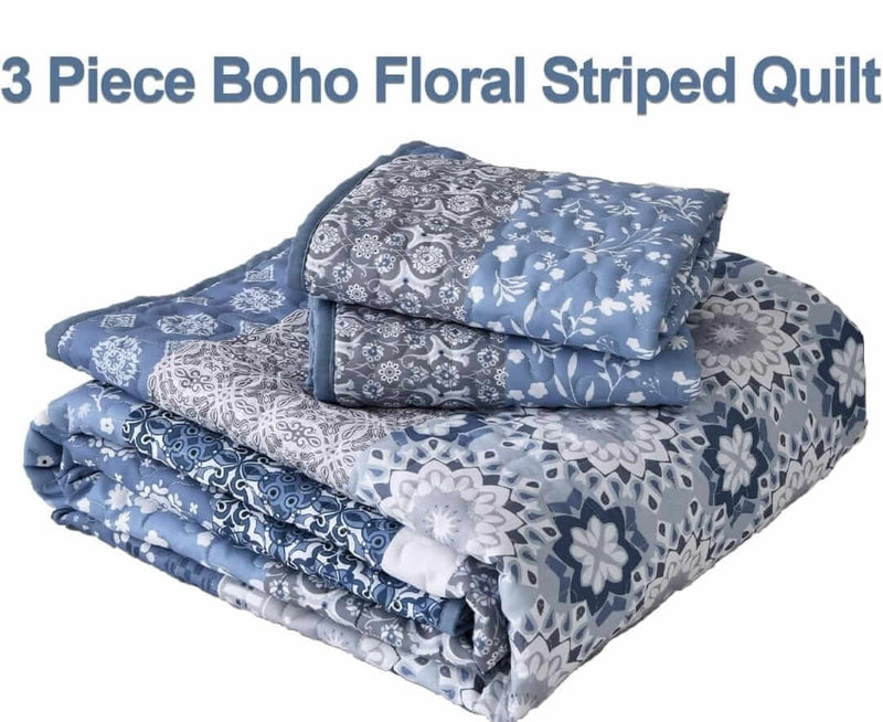 Blue Moroccan Geometric Quilted Bedspread Coverlet Set (3Pcs)