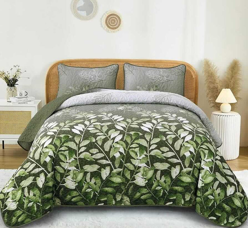 Green Leaf Floral Quilted Bedspread Coverlet Sets (3Pcs)