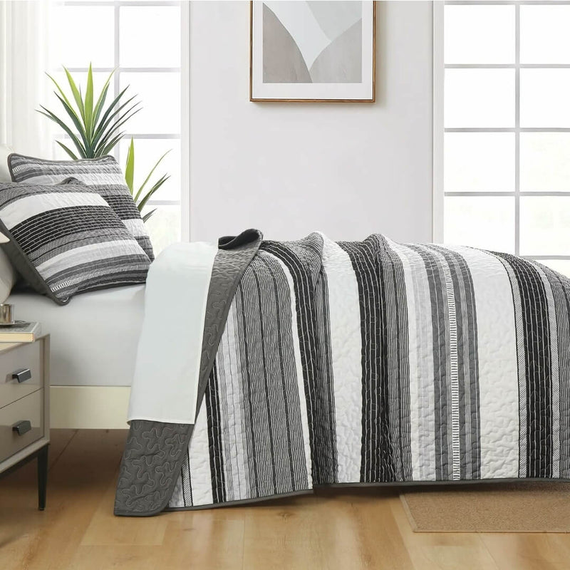 2025 Striped Grey Coverlet Set-Quilted Bedspread Sets (3Pcs)