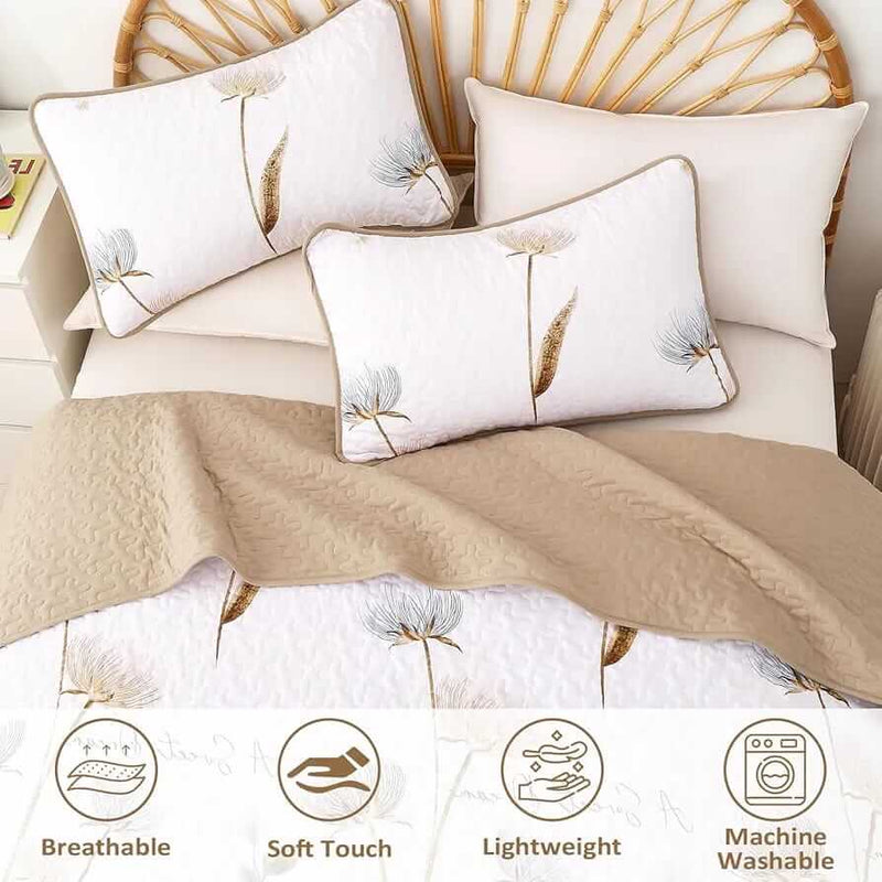 Floral-patterned comforter set on a bed with matching pillows in a bedroom setting.
