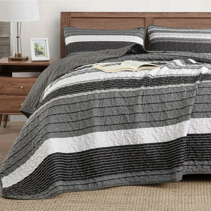2025 Striped Grey Coverlet Set-Quilted Bedspread Sets (3Pcs)