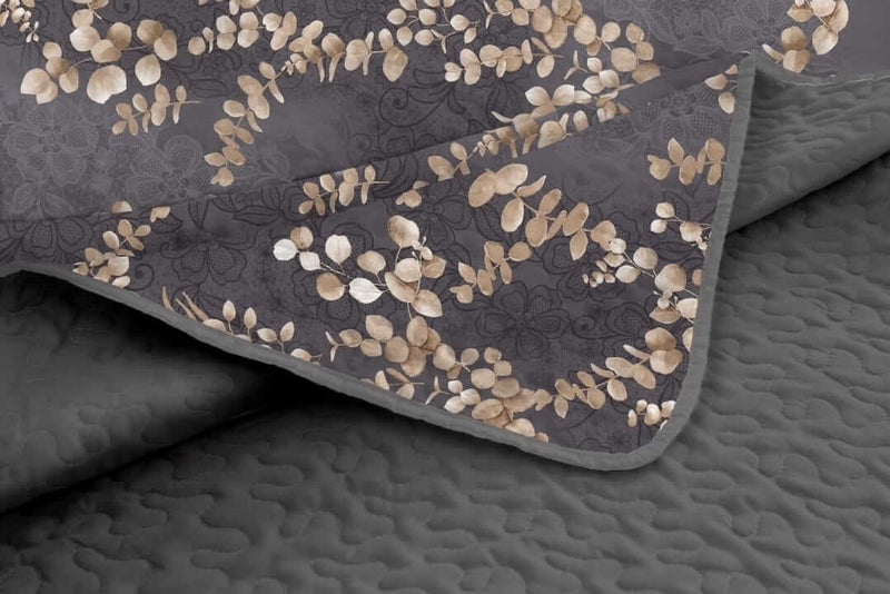 Charcoal Grey Floral Leaf Quilted Bedspread Coverlet Sets (3Pcs)