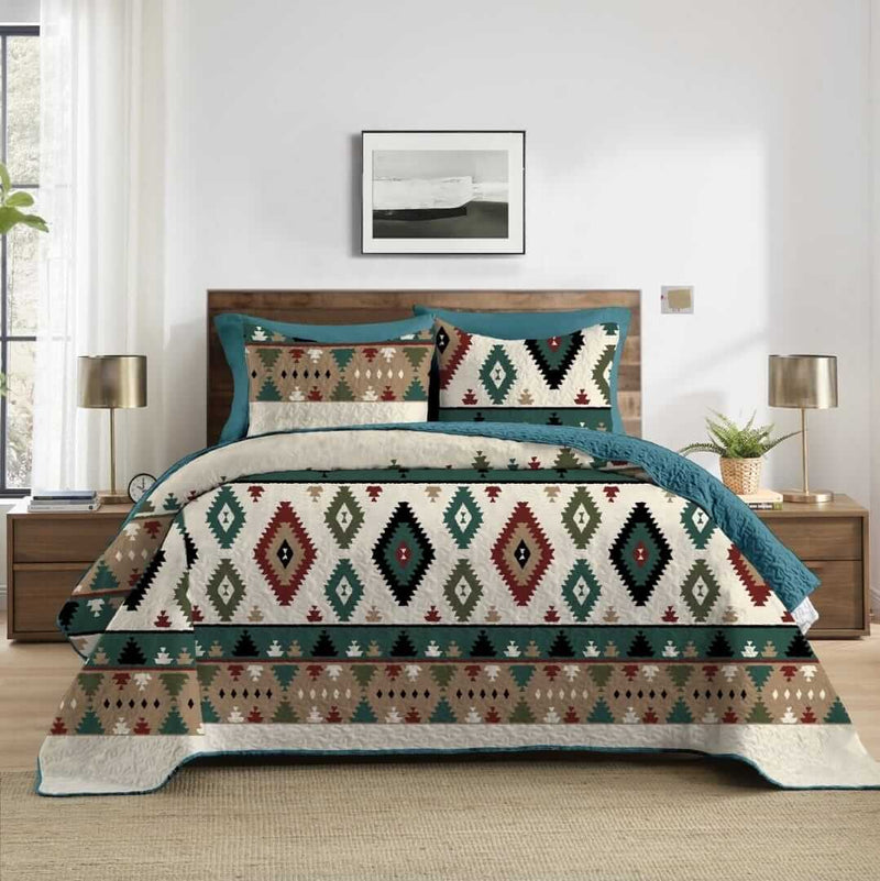 Bed with patterned bedding in a bedroom setting