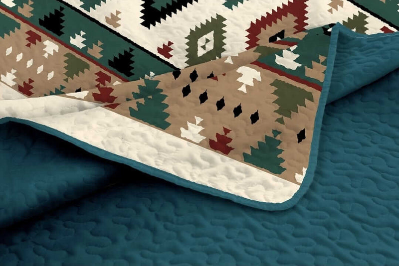 Teal Base Geometric Pattern Quilted Bedspread Coverlet Sets (3Pcs)