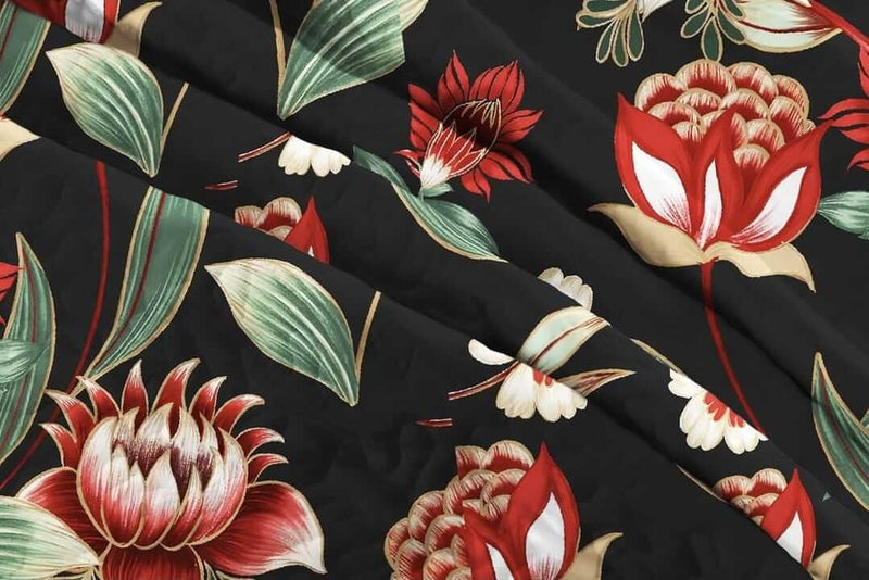 Black Base Rose Floral Coverlet Set-Quilted Bedspread Sets (3Pcs)