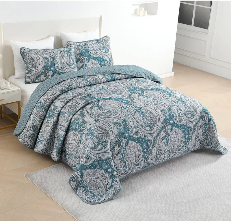 Blue Paisley Coverlet Set-Quilted Bedspread Sets (3Pcs)