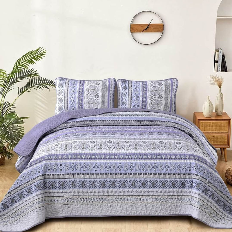 Royal Purple Patchwork Bedspread Set – 3 Piece Traditional Indian Coverlet
