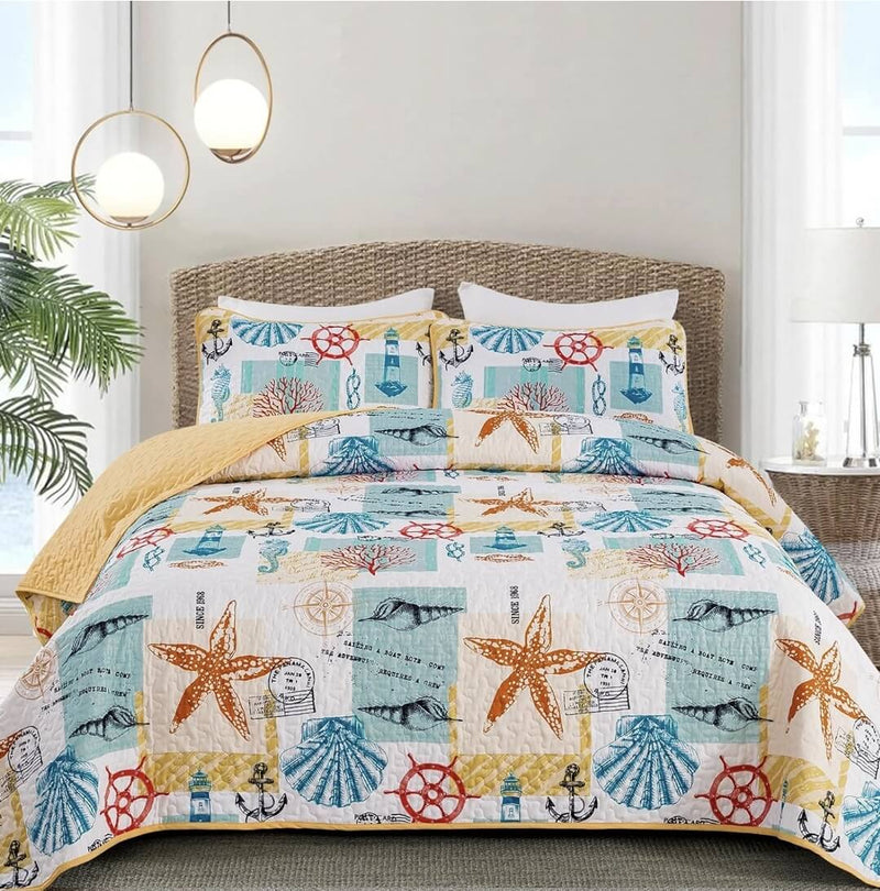 2025 Aquatic Design Quilted Bedspread Coverlet Sets (3Pcs)
