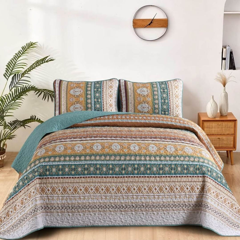 Boho Multicolor Indian Bedspread Set – 3 Piece Quilted Coverlet Set