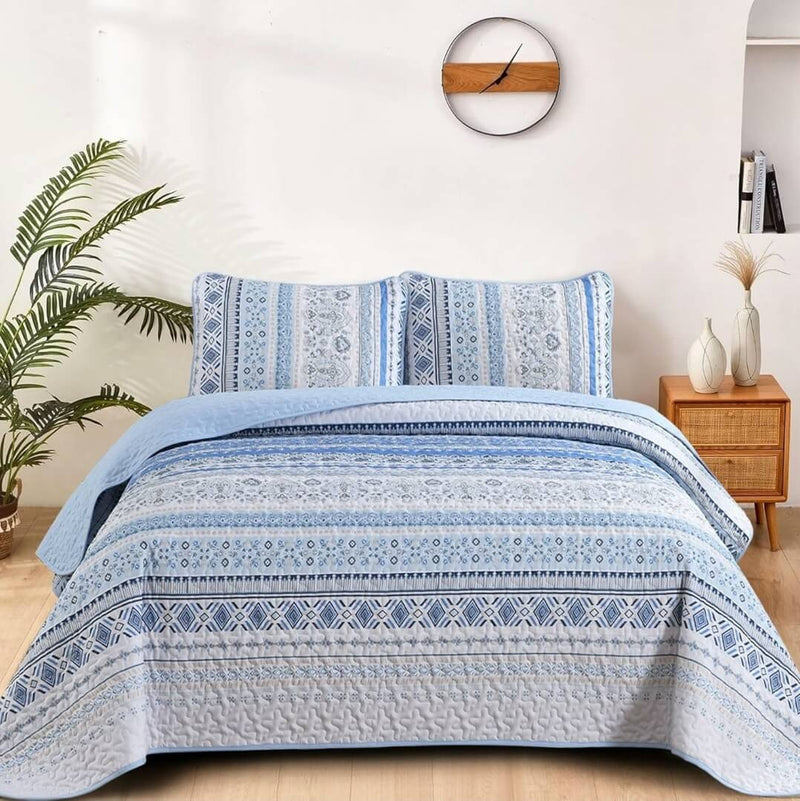 Blue Mandala Indian Bedspread Set – 3 Piece Boho Quilted Coverlet