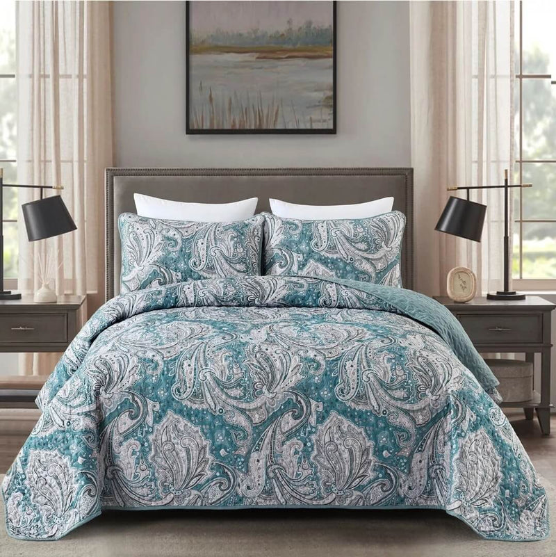 Blue Paisley Coverlet Set-Quilted Bedspread Sets (3Pcs)