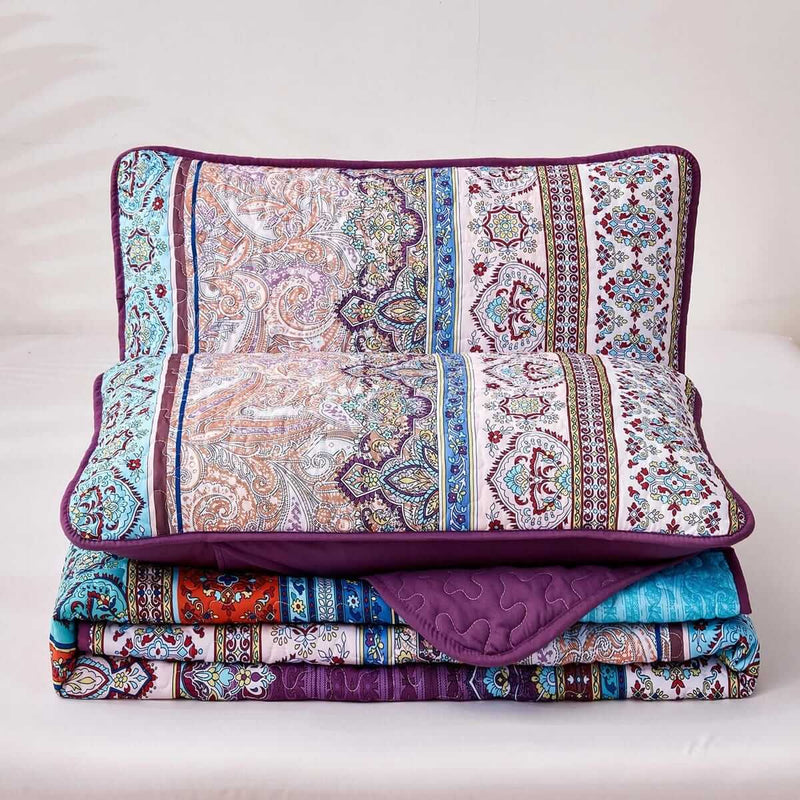 Multicolor Purple Base Bohemian Coverlet Set-Quilted Bedspread Sets (3Pcs)