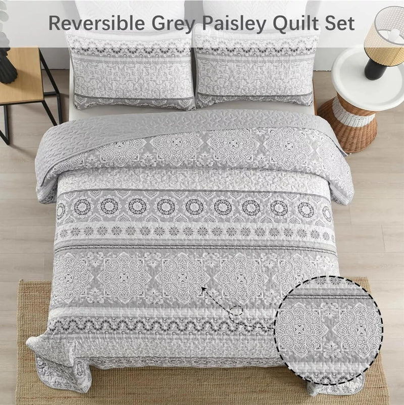 2025 Grey Elegent Patchwork Coverlet Set-Quilted Bedspread Sets (3Pcs)