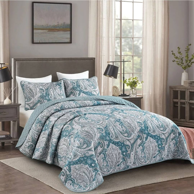 Blue Paisley Coverlet Set-Quilted Bedspread Sets (3Pcs)