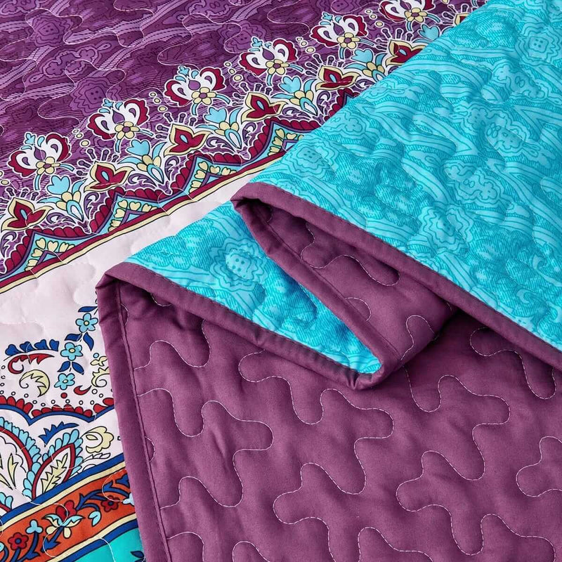 Multicolor Purple Base Bohemian Coverlet Set-Quilted Bedspread Sets (3Pcs)