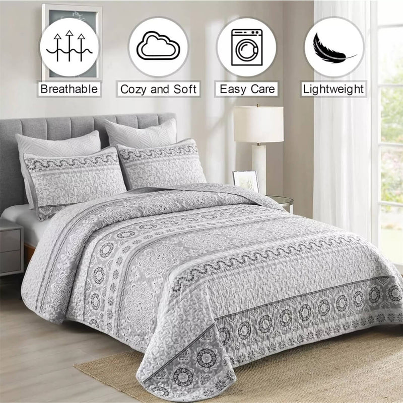 2025 Grey Elegent Patchwork Coverlet Set-Quilted Bedspread Sets (3Pcs)