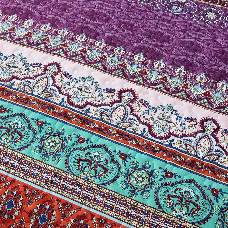 Multicolor Purple Base Bohemian Coverlet Set-Quilted Bedspread Sets (3Pcs)