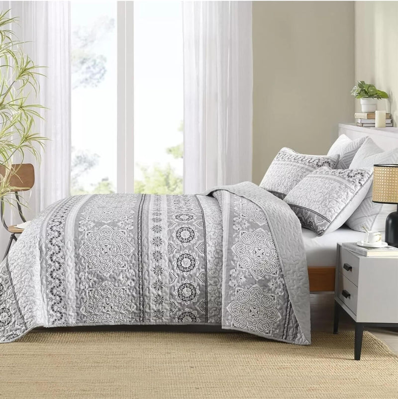 2025 Grey Elegent Patchwork Coverlet Set-Quilted Bedspread Sets (3Pcs)