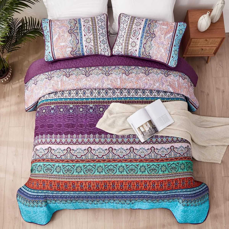 Multicolor Purple Base Bohemian Coverlet Set-Quilted Bedspread Sets (3Pcs)