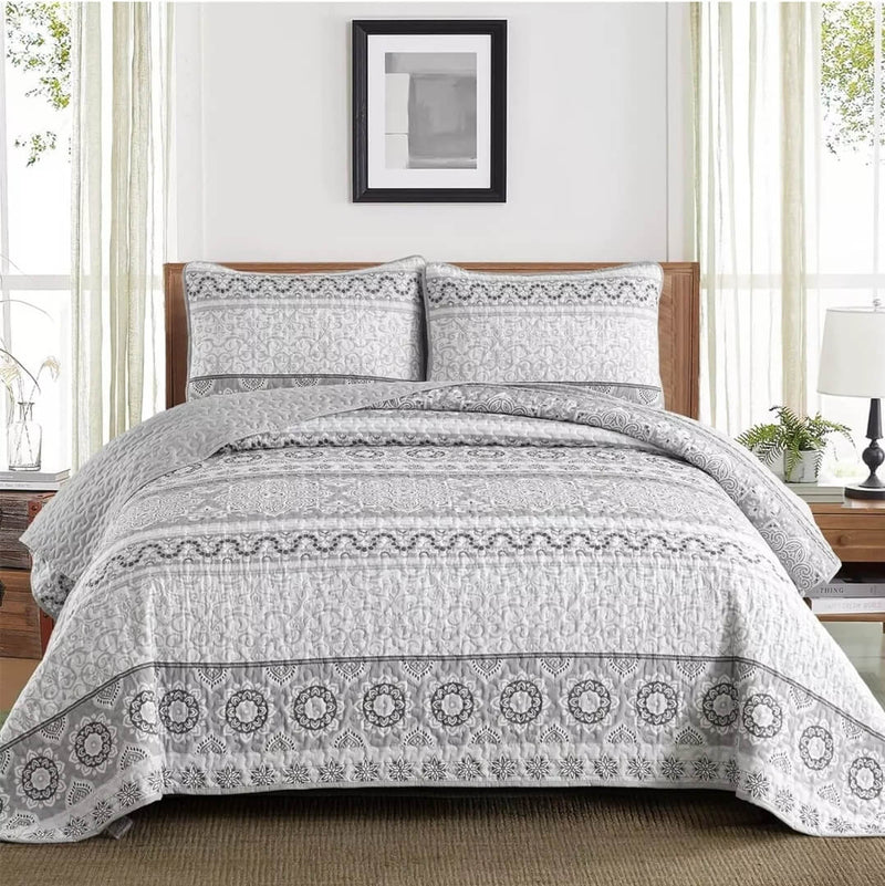 2025 Grey Elegent Patchwork Coverlet Set-Quilted Bedspread Sets (3Pcs)