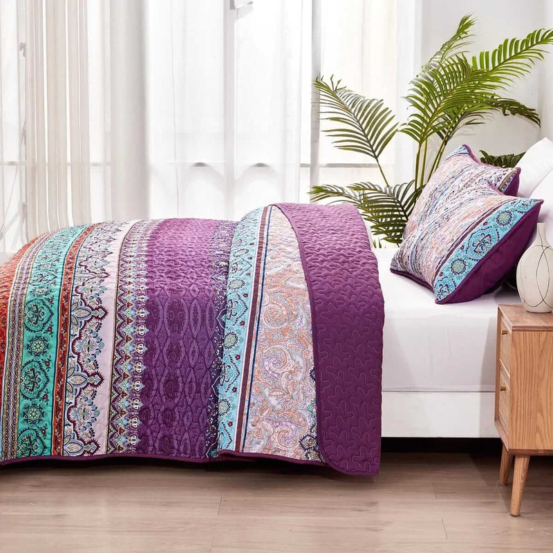 Multicolor Purple Base Bohemian Coverlet Set-Quilted Bedspread Sets (3Pcs)