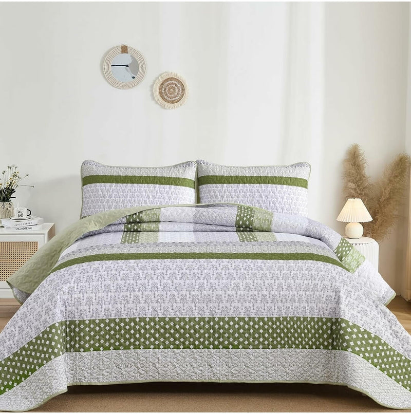 Oilve Green Striped Coverlet Set-Quilted Bedspread Sets (3Pcs)