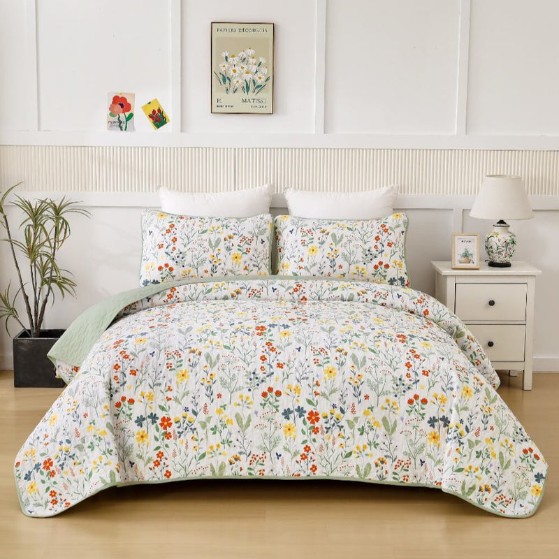 Green Floral Coverlet Set-Floral Quilted Bedspread Sets (3Pcs)