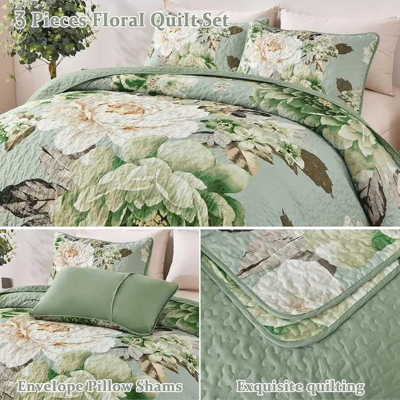 Floral Green Bedspread Coverlet Set-Quilted Bedspread Sets (3Pcs)