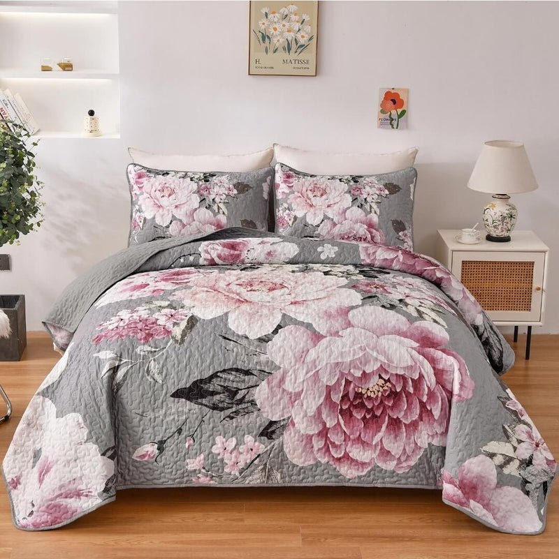 Grey Base Pink Coverlet Set-Floral Quilted Bedspread Sets (3Pcs)