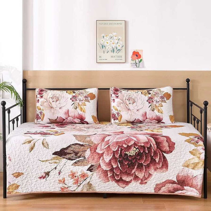 Light Pink Rose Quilted Bedspread Coverlet Set (3Pcs)
