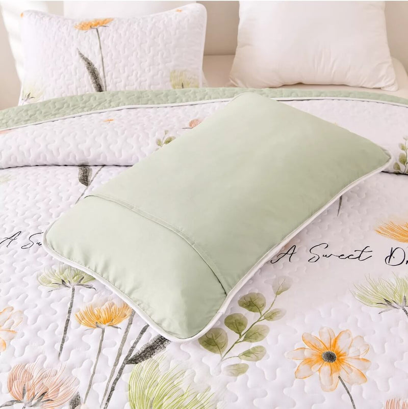 Light Green Flower Coverlet Set-Floral Quilted Bedspread Sets (3Pcs)