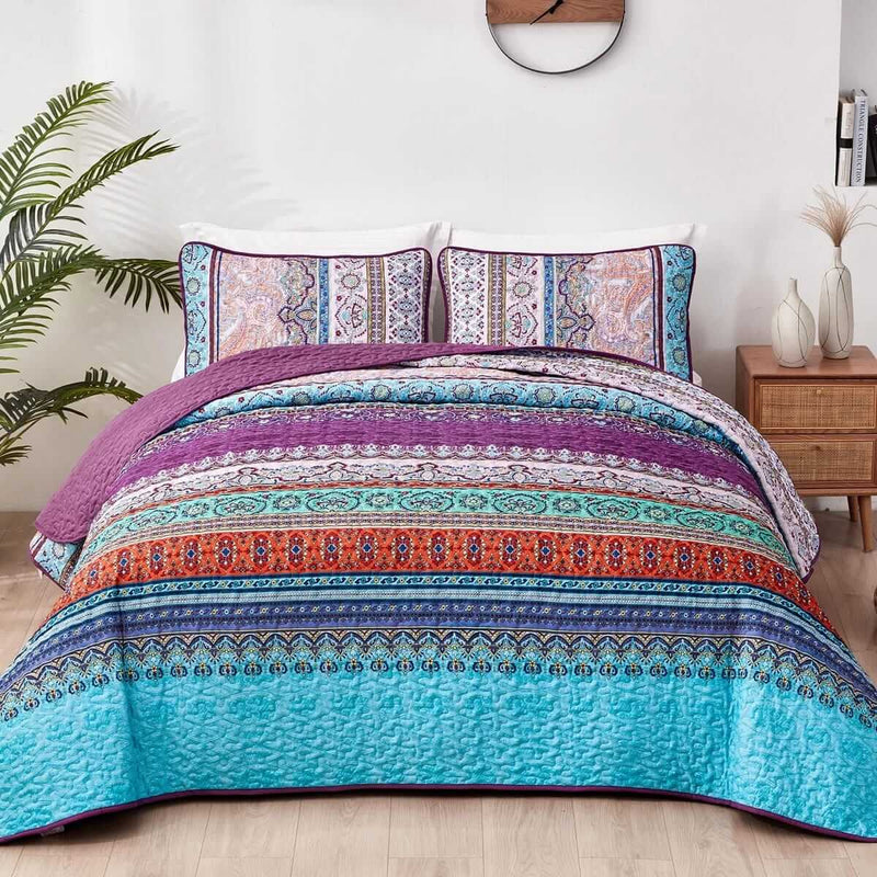 Multicolor Purple Base Bohemian Coverlet Set-Quilted Bedspread Sets (3Pcs)