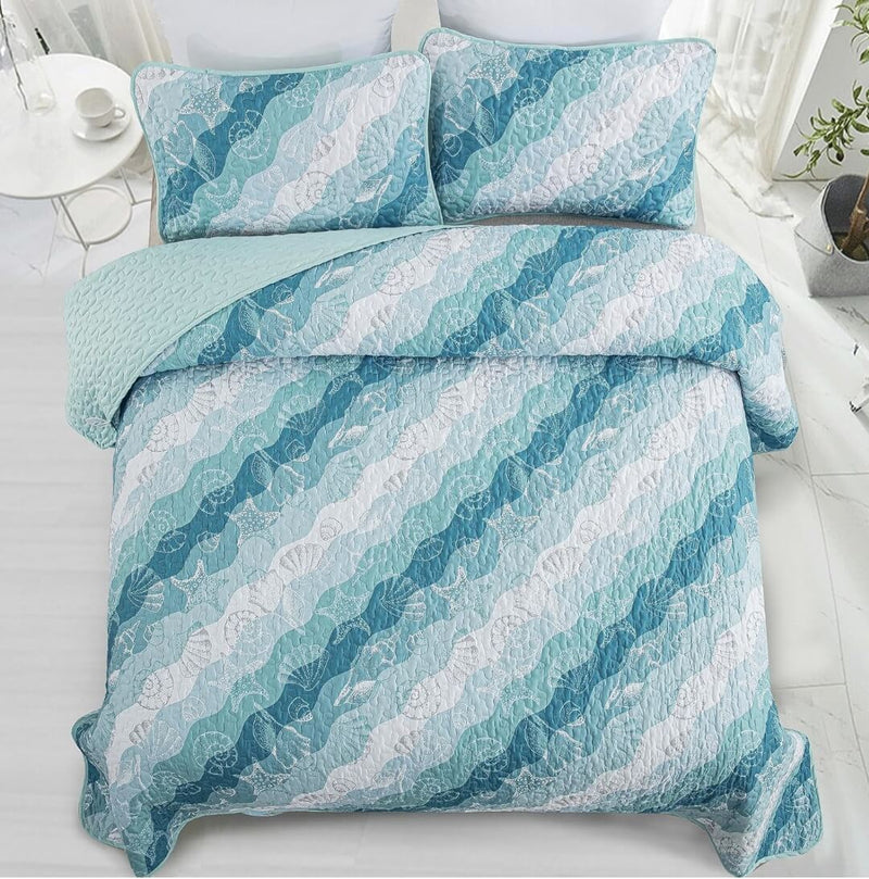 New OCEAN Design Quilted Bedspread Coverlet Sets (3Pcs)