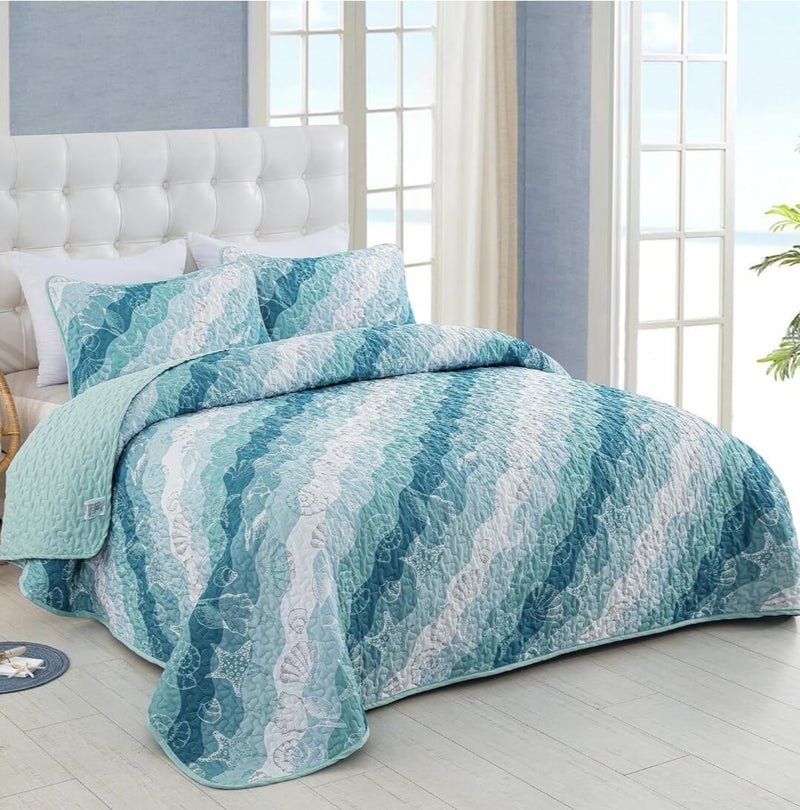 New OCEAN Design Quilted Bedspread Coverlet Sets (3Pcs)