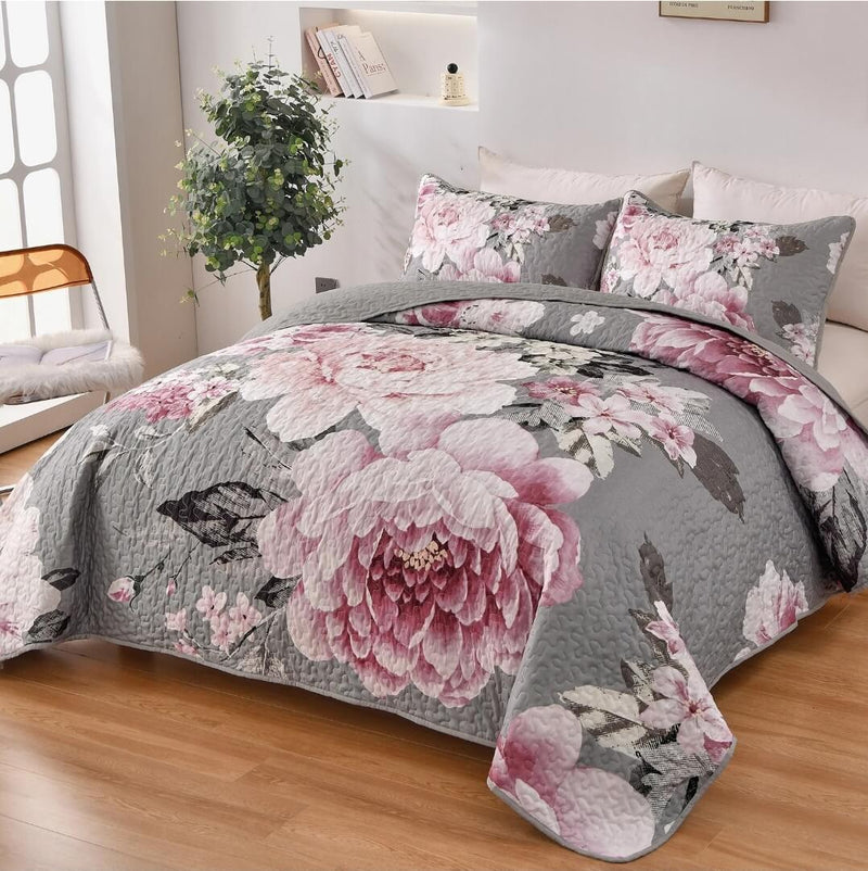 Grey Base Pink Coverlet Set-Floral Quilted Bedspread Sets (3Pcs)