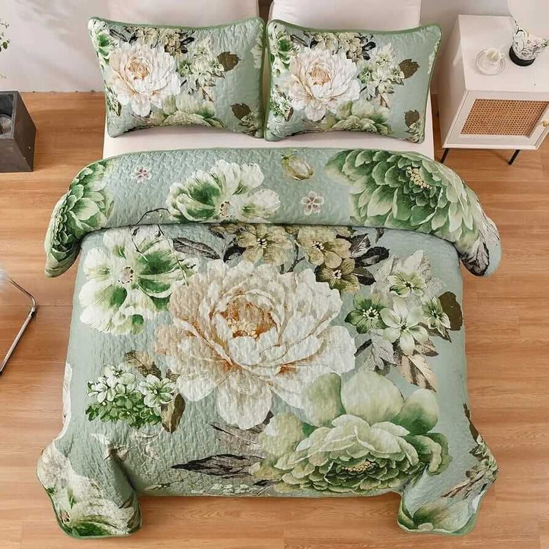 Floral Green Bedspread Coverlet Set-Quilted Bedspread Sets (3Pcs)