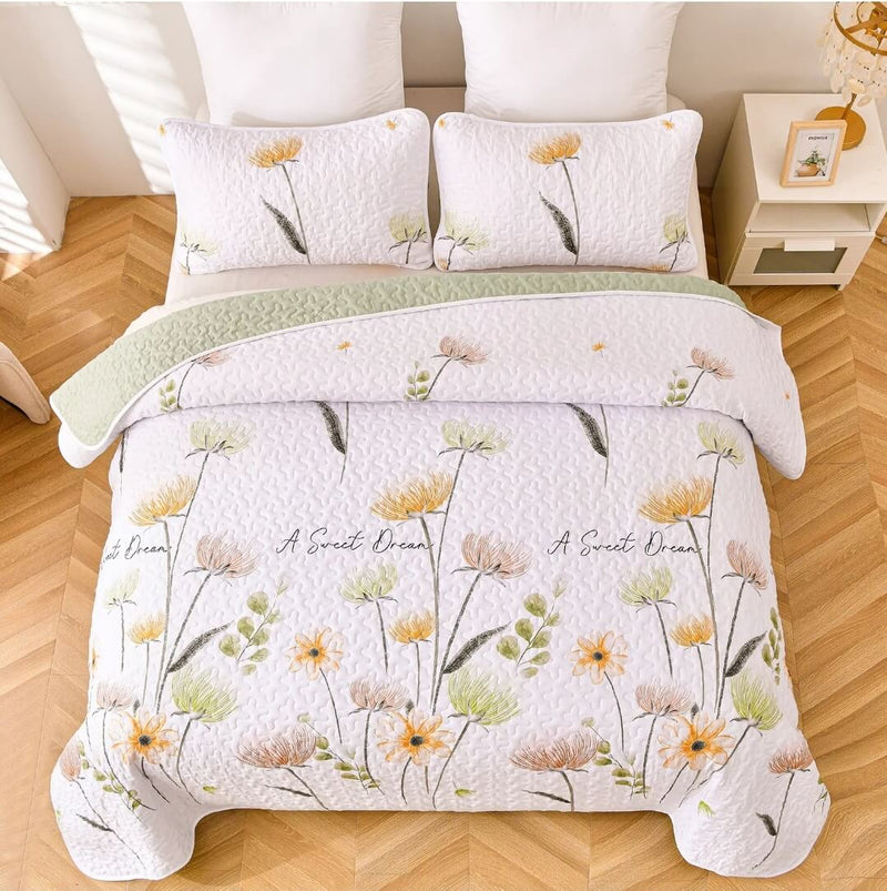 Light Green Flower Coverlet Set-Floral Quilted Bedspread Sets (3Pcs)
